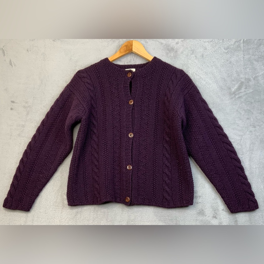 J. Crew 100% Wool Cable Knit Button Down cardigan sweater. Purple. Size Small.
